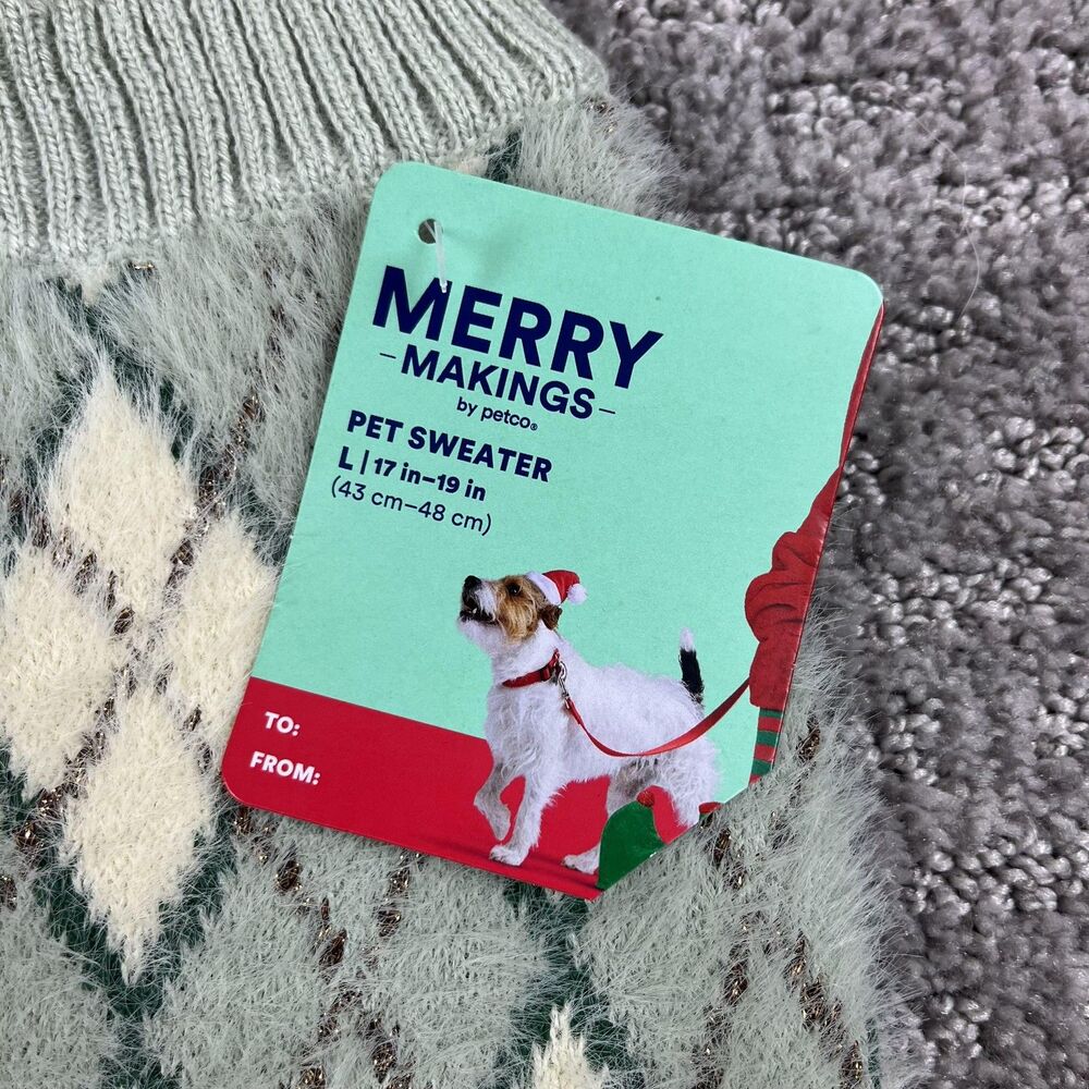 Merry Makings by Petco Pet Sweater Large L Dog 17-19 in Argyle Green Cream Knit - Picture 3 of 6